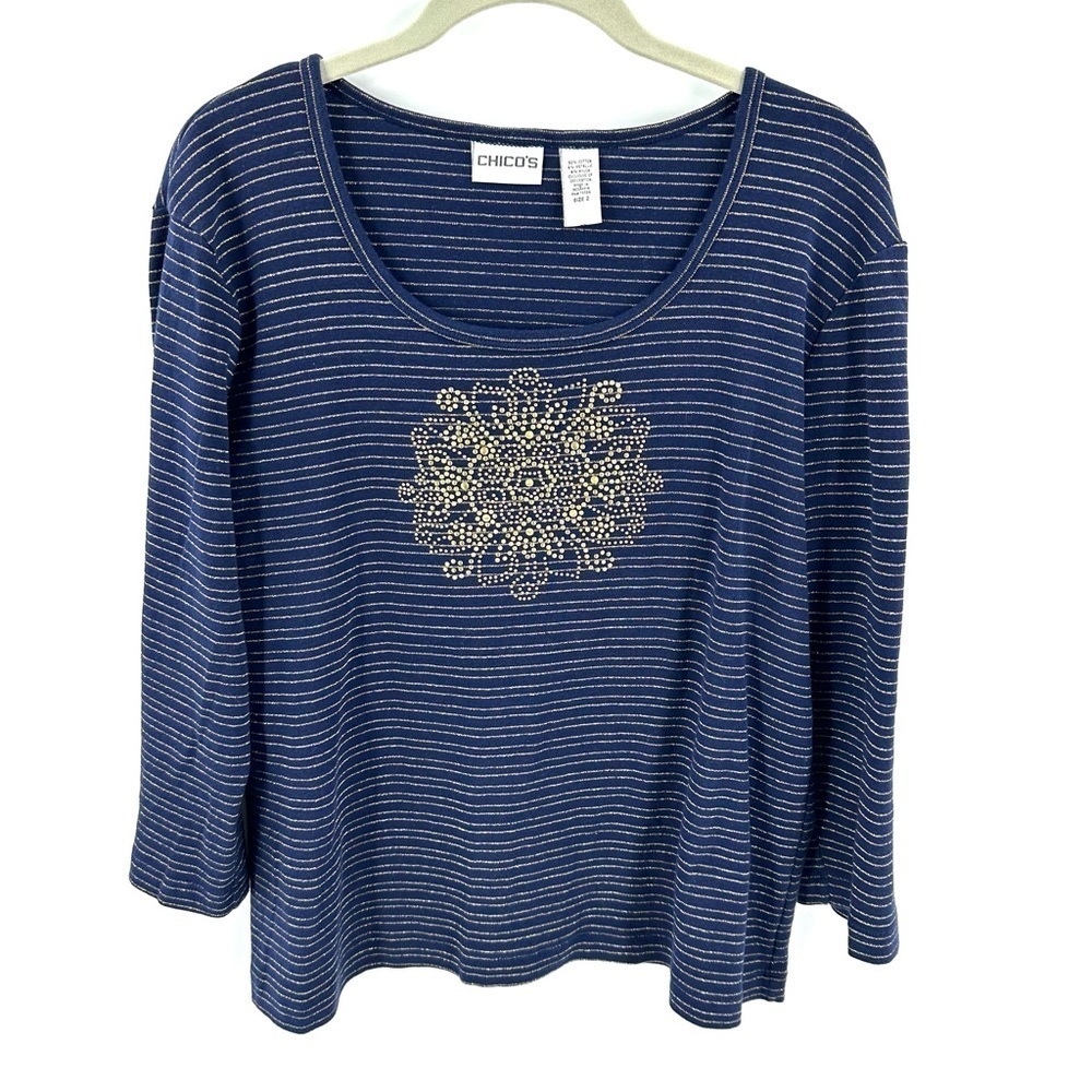 Chicos Boho Studded Top Size Large Indie Soft Stretch Metallic Coastal Casual
